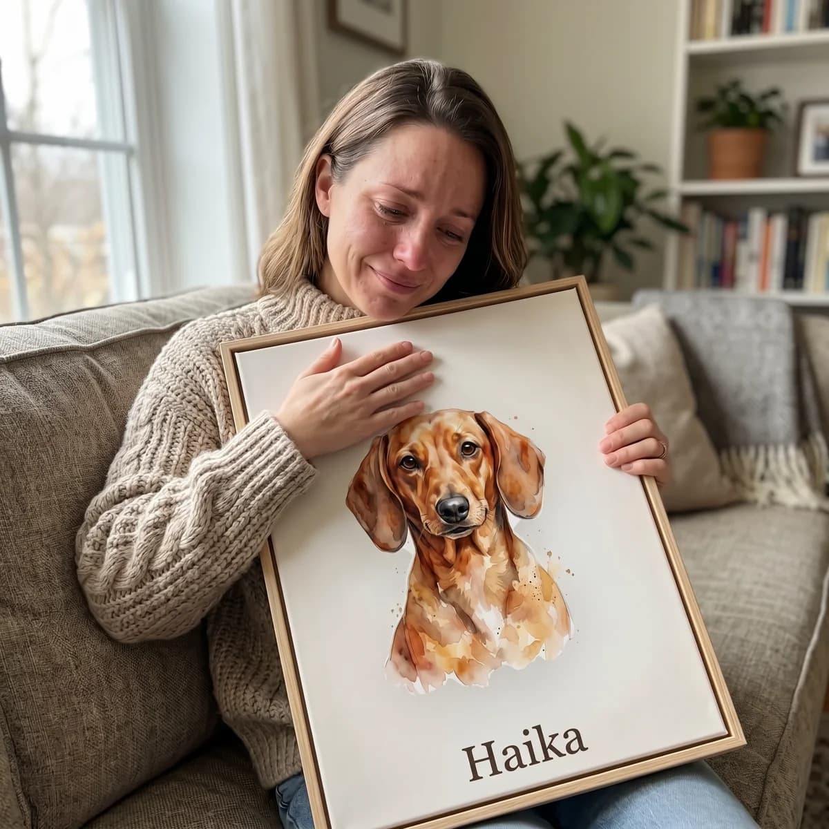 Amanda crying and hugging framed memorial portrait of her Dachshund Haika