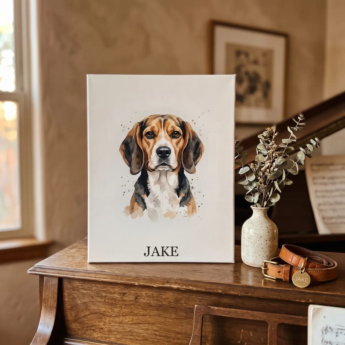 Beagle Jake memorial canvas on piano next to his leather collar