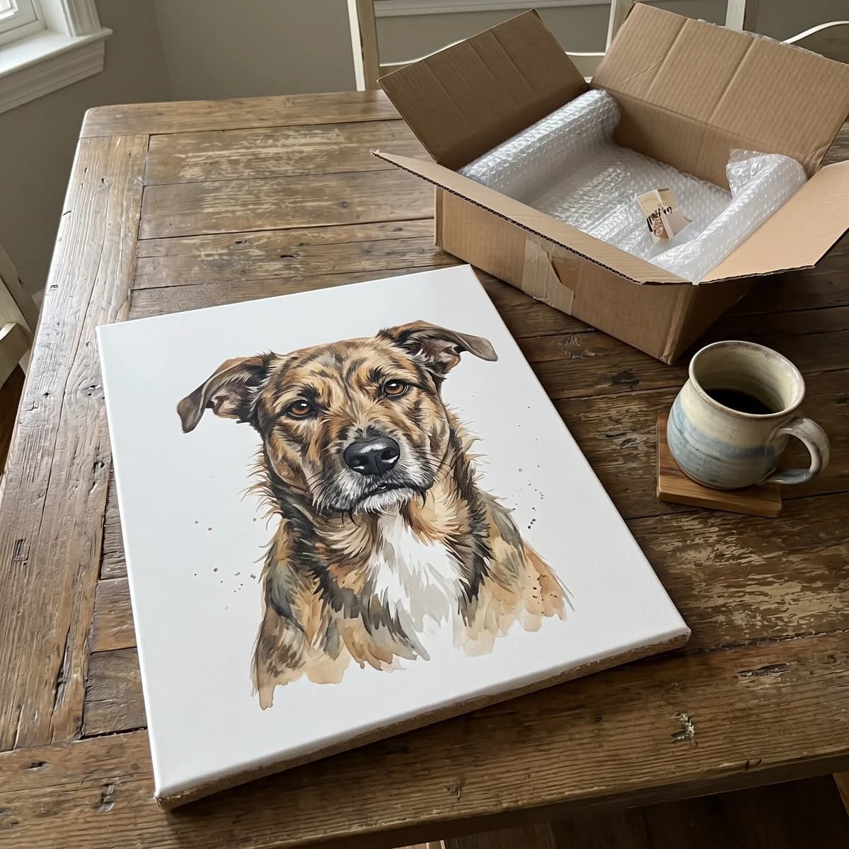 Unboxed custom rescue dog canvas portrait on rustic dining table