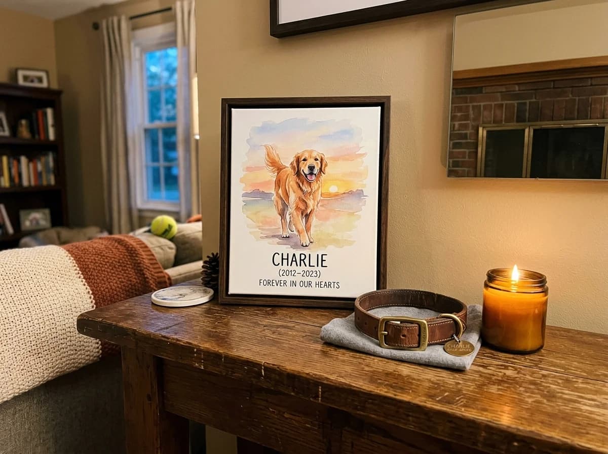 Golden Retriever Charlie memorial canvas on rustic mantel with collar and candle