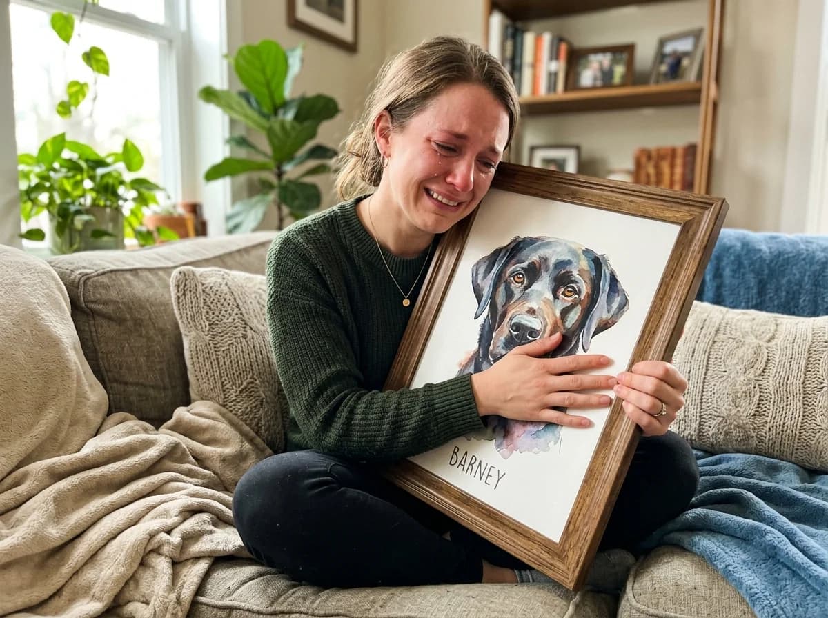 Customer hugging framed memorial canvas of black labrador Barney
