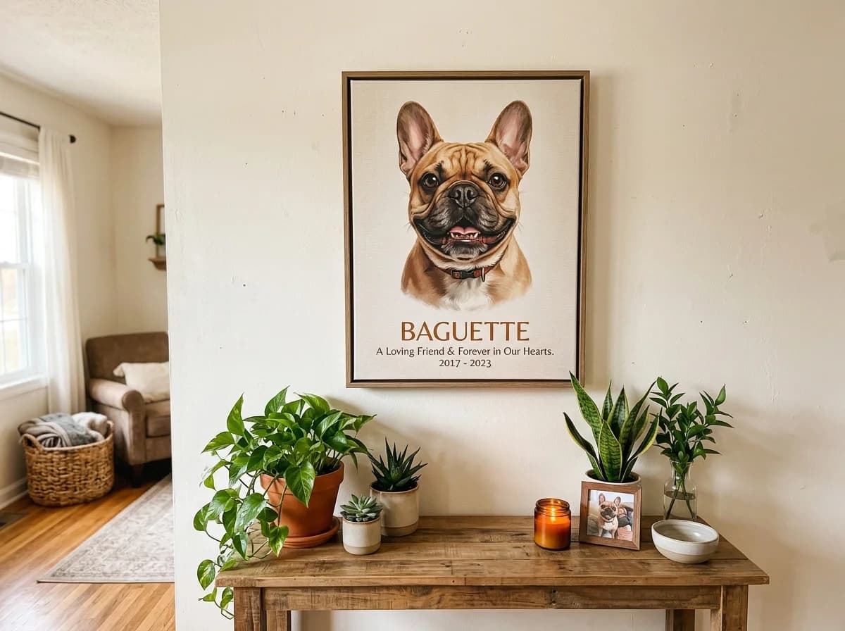 French Bulldog Baguette memorial canvas on living room gallery wall