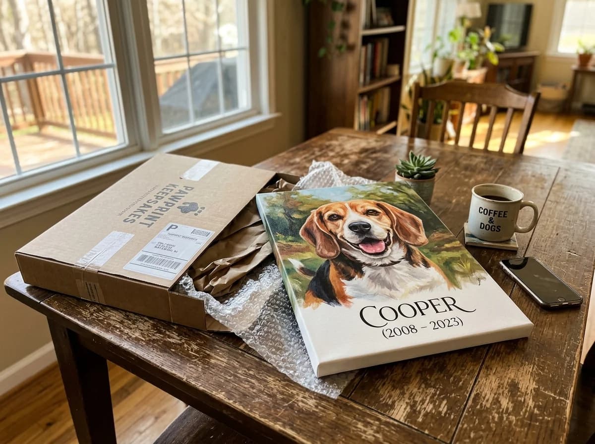Beagle Cooper canvas unboxed on wooden dining table next to shipping box