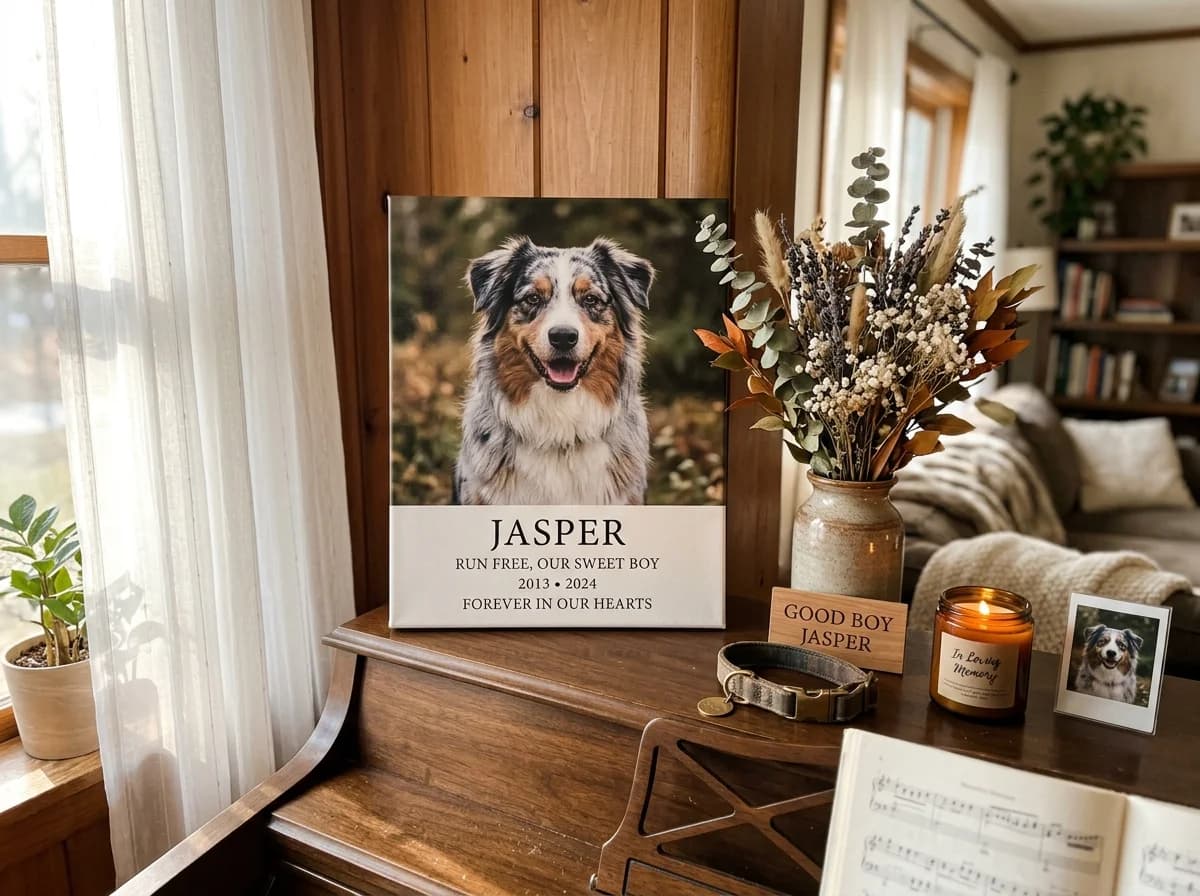 Australian Shepherd Jasper memorial canvas displayed on piano with collar and flowers