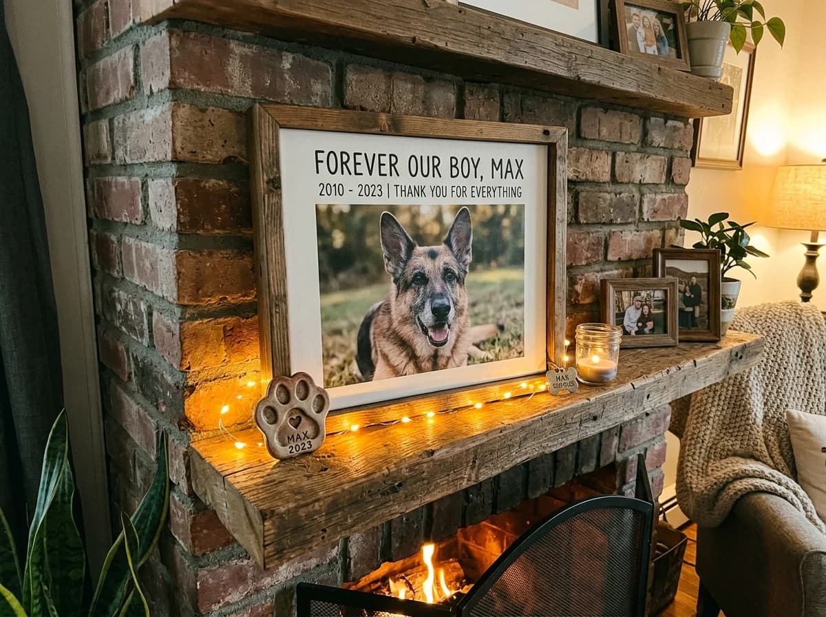 German Shepherd Max memorial canvas on brick fireplace with paw print keepsake